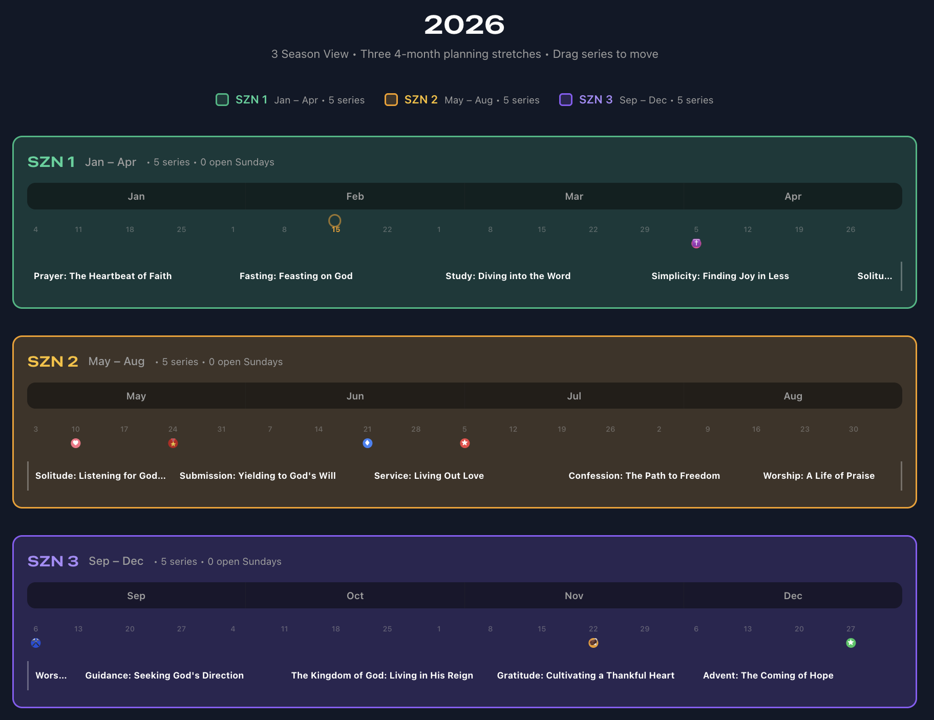 Sermon calendar interface showing series planned across months
